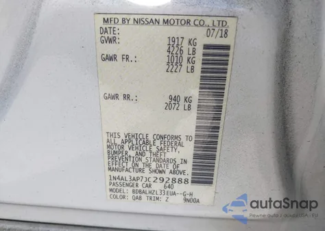 2018 Nissan Altima 2.5 Sr from USA, damaged, VIN 1N4AL3AP7JC292888